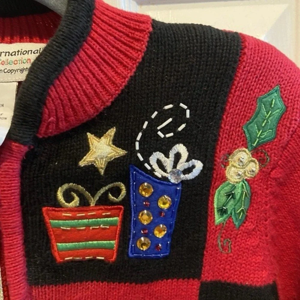 Tiara International Ugly Christmas Sweater Womens Small Zip Cardigan Applique‎